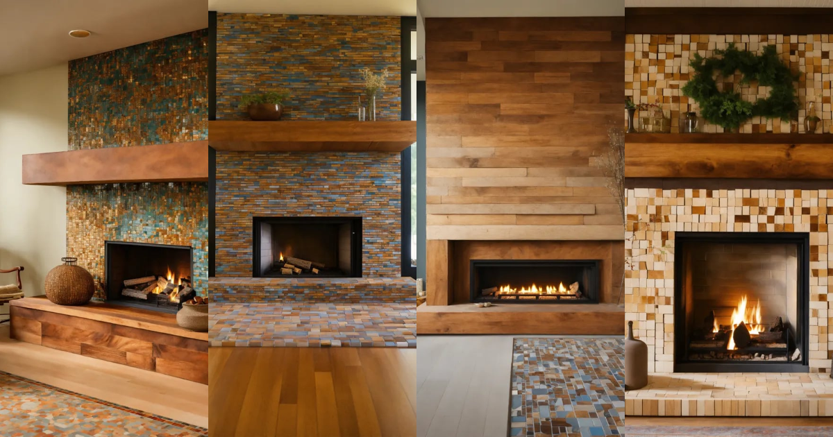Lexica - A floating, natural wood mantle over a fireplace, mosaic tiles ...