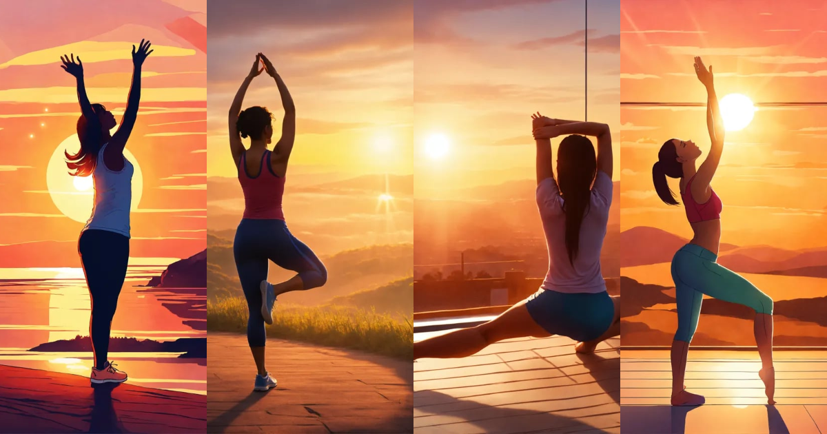 Lexica - Wikihow art, A woman stretching at dawn, with sun rays shining ...