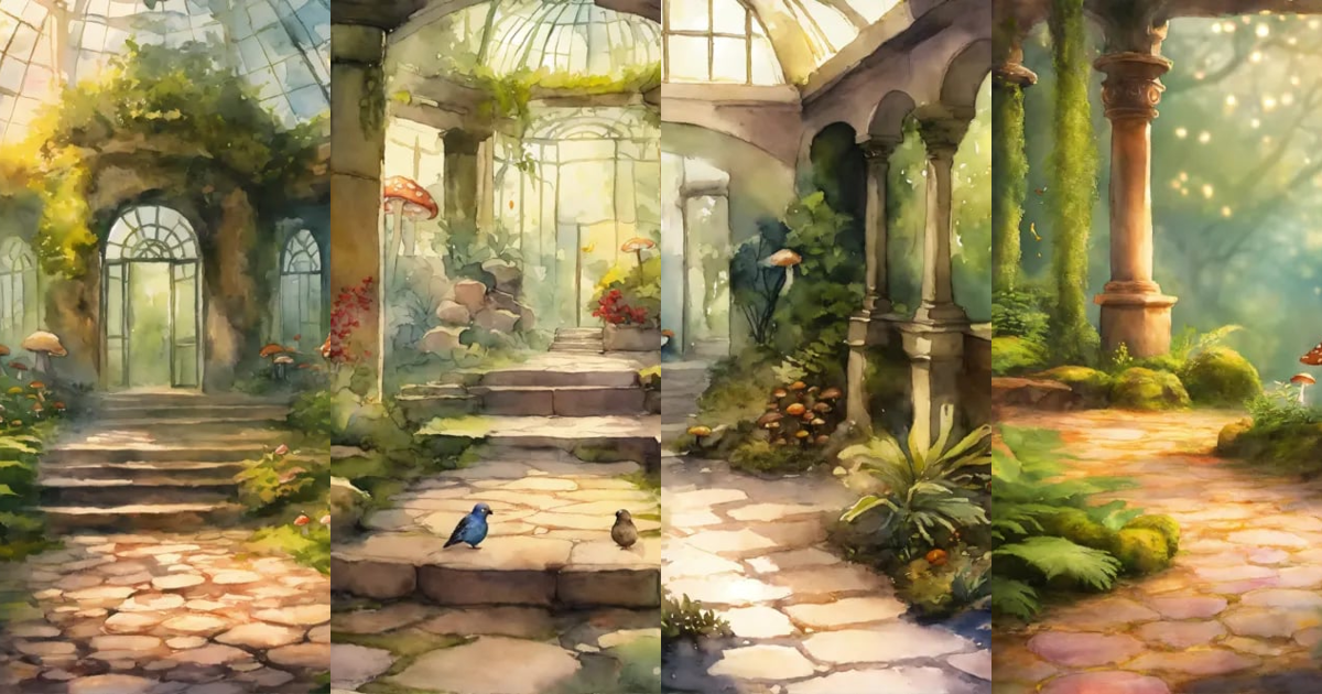 Lexica - Create an a muted watercolor winding cobblestone pathway in an ...