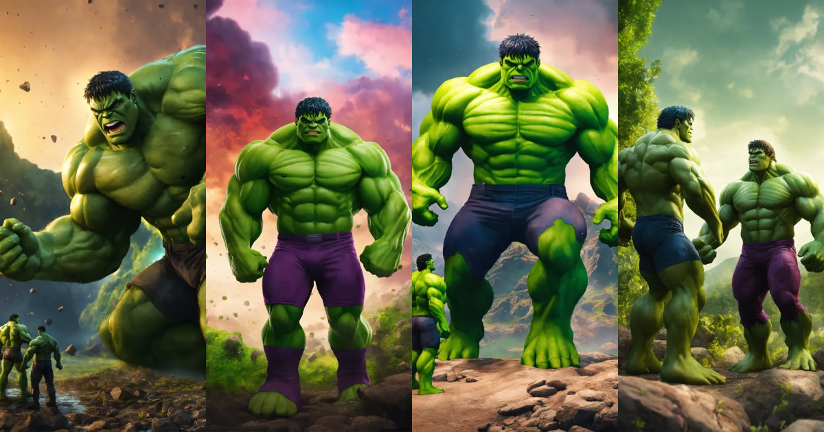 Lexica - Hulk meets hulk in the multiverse, nature background, 2D render