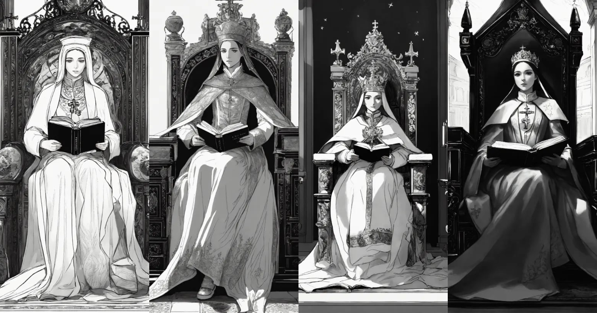 Lexica - Black and white drawing, a popess on her throne with a book in ...