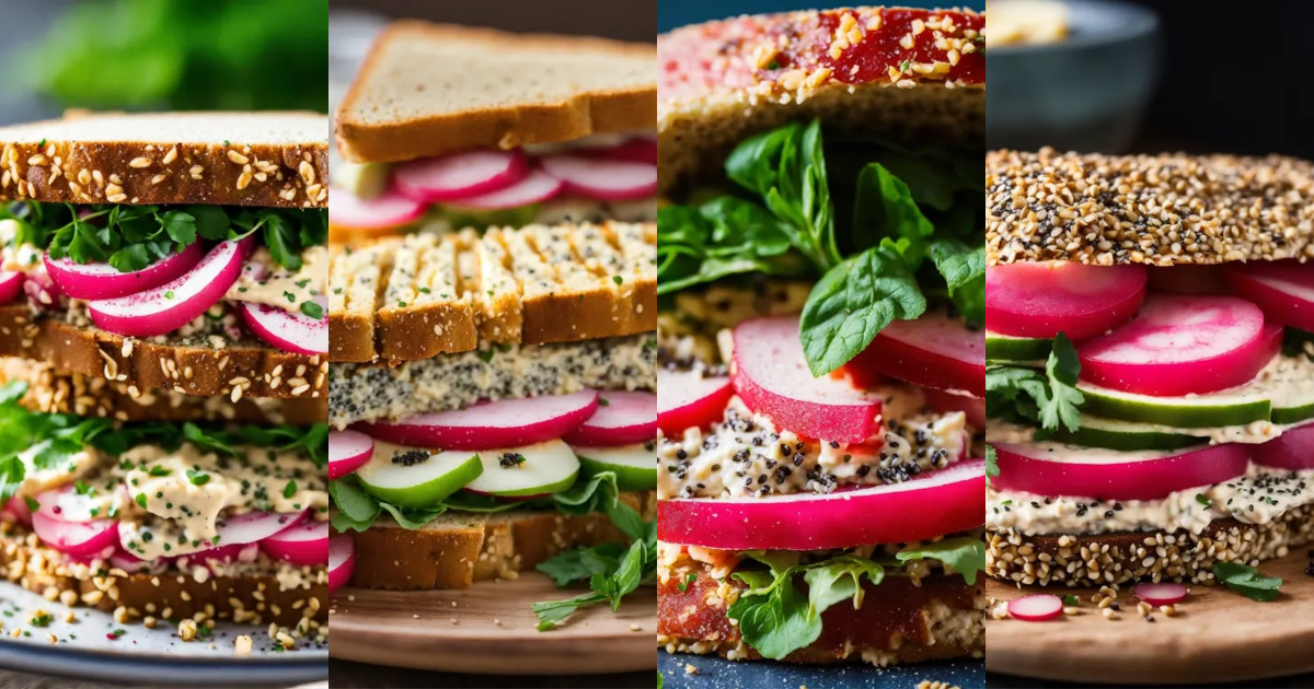 Lexica "Vegan Delight Hummus, Radish, and Chia Seed Sandwich", creamy