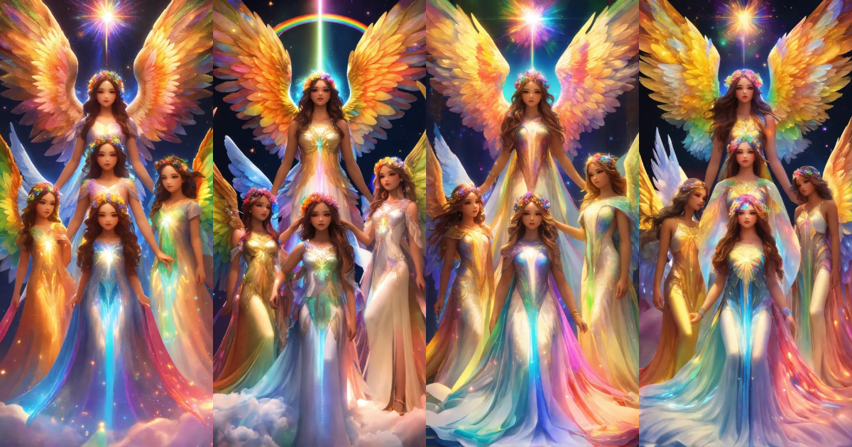 Lexica - 7 hyper-detailed holographic angels together with detailed and ...