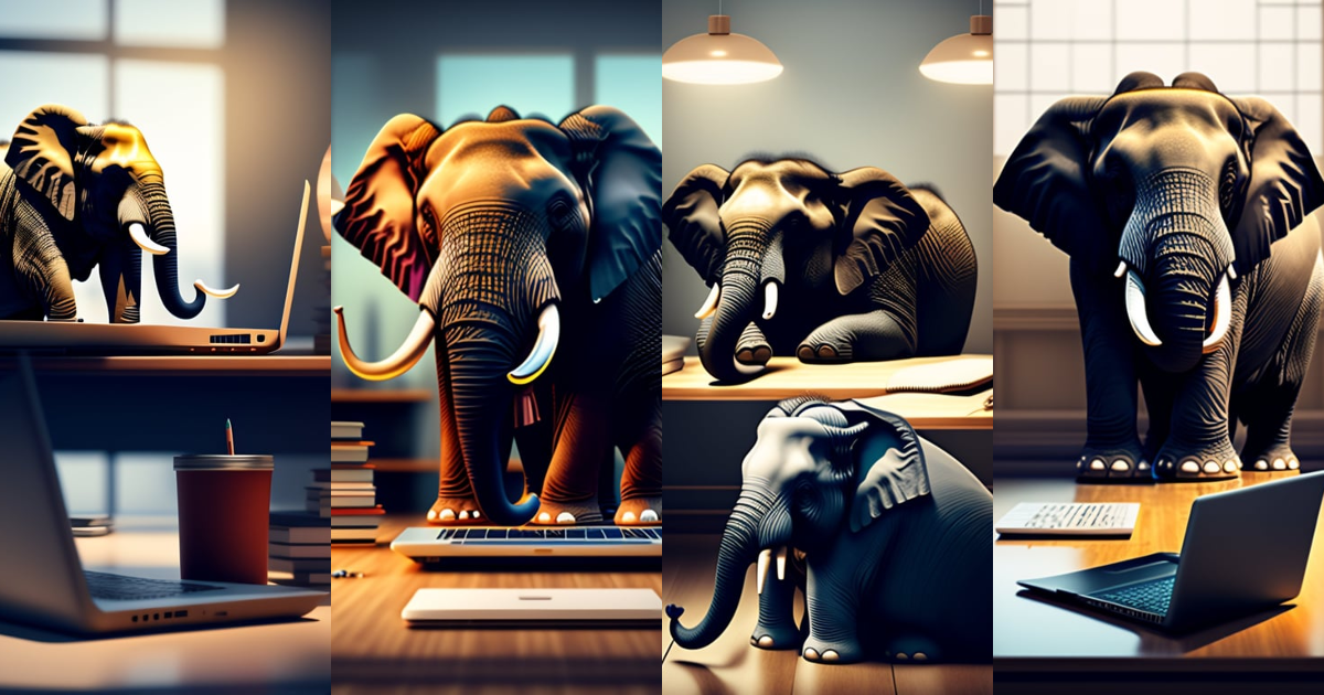 Lexica - An angry humanoid elephant sits at a cluttered desk in front ...