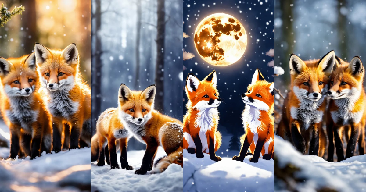 Lexica - Beautiful fox cubs playing in the snow in the moon light in a ...