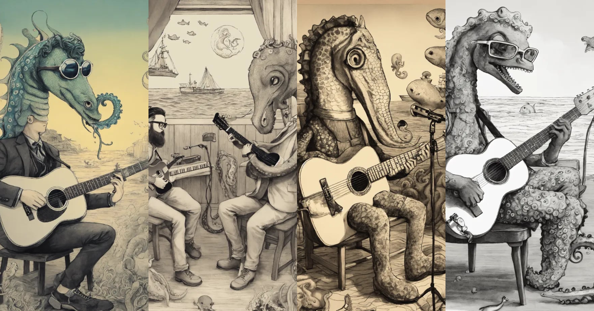 Lexica - Ink drawing of a sea horse watching an octopus wearing hipster ...