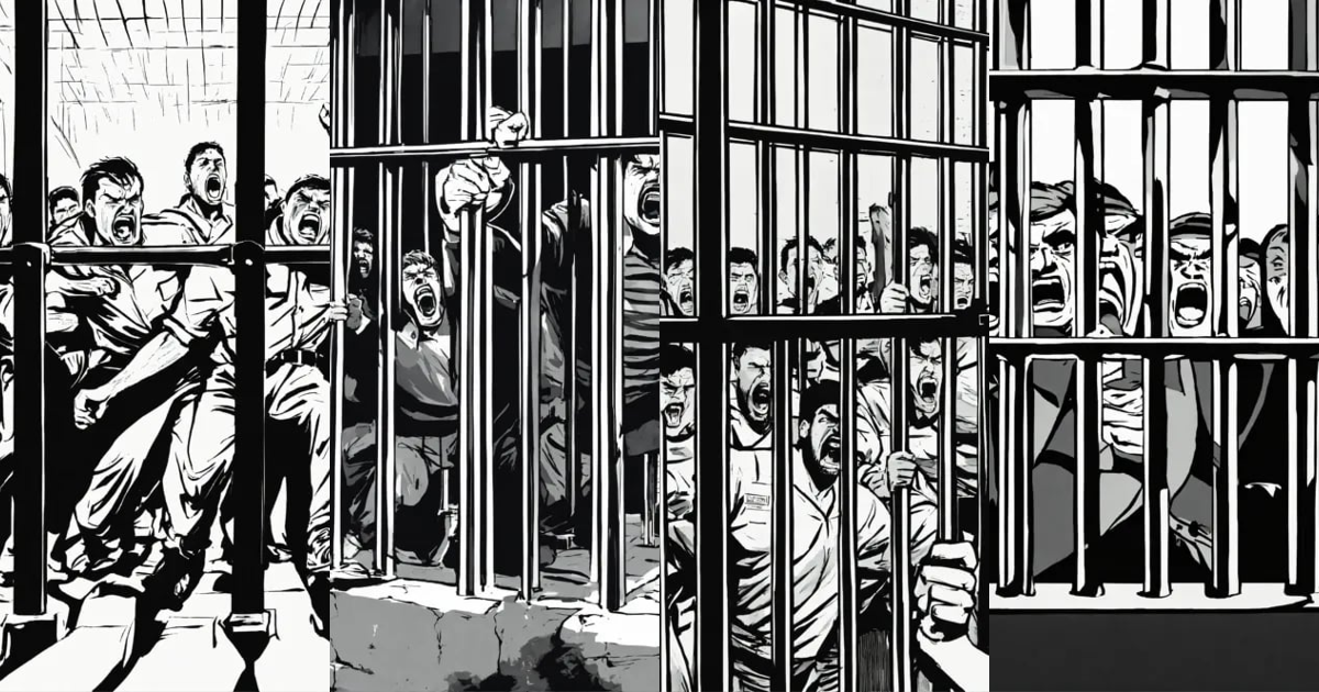 Lexica - A black and white illustration angry prisoners attempting to ...