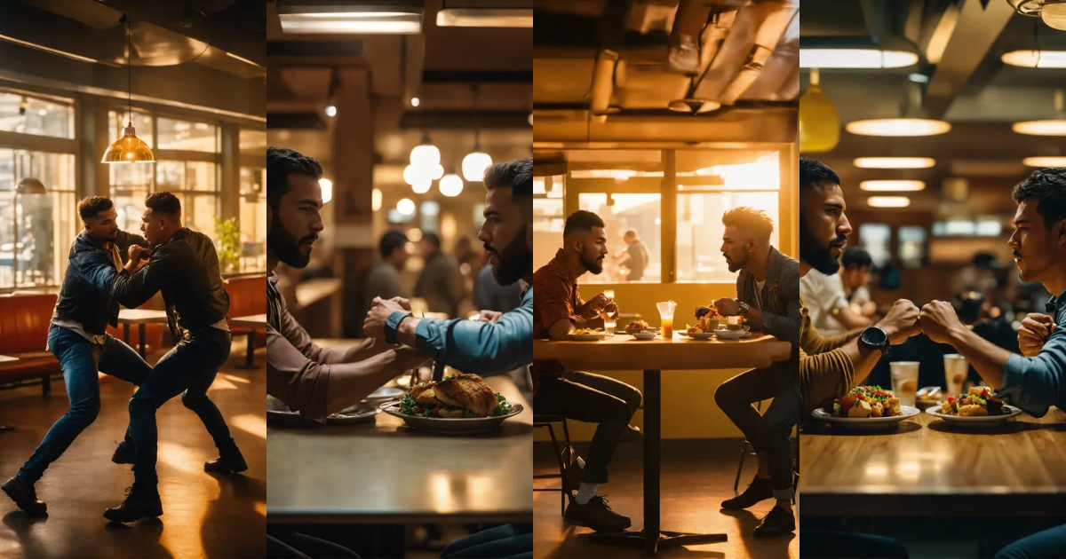 Lexica - Two men fighting each other in a cafeteria, surreal photo ...