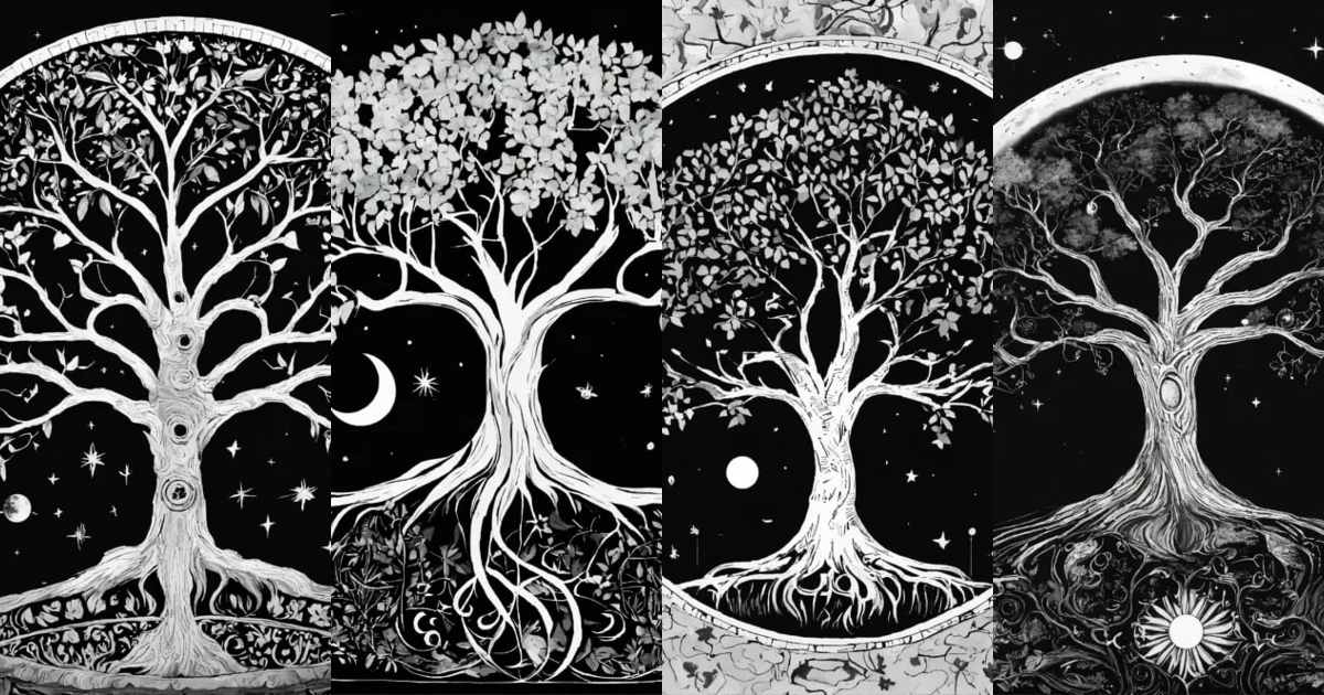 Lexica - Tree of life black and white no leaf with moon sun and stars