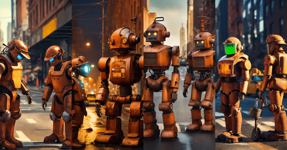 Lexica - 2 rusty semi-broken humanoid robots, in a busy street, mine ...