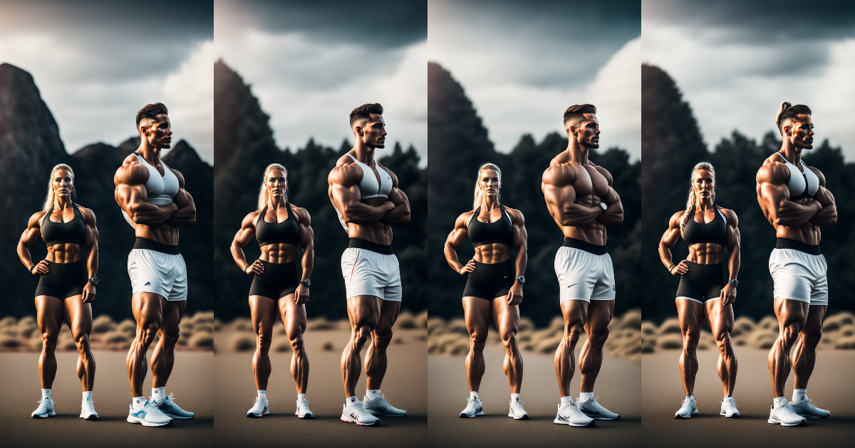 Lexica - Wide angle white skinned fitness girl goddess standing beside a  man ,realistic, 8k, 3d , full body, musclar, photo realistic, dramatic,  dark