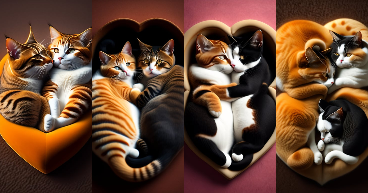 Lexica - Two cats curled up on the ground in a heart shape