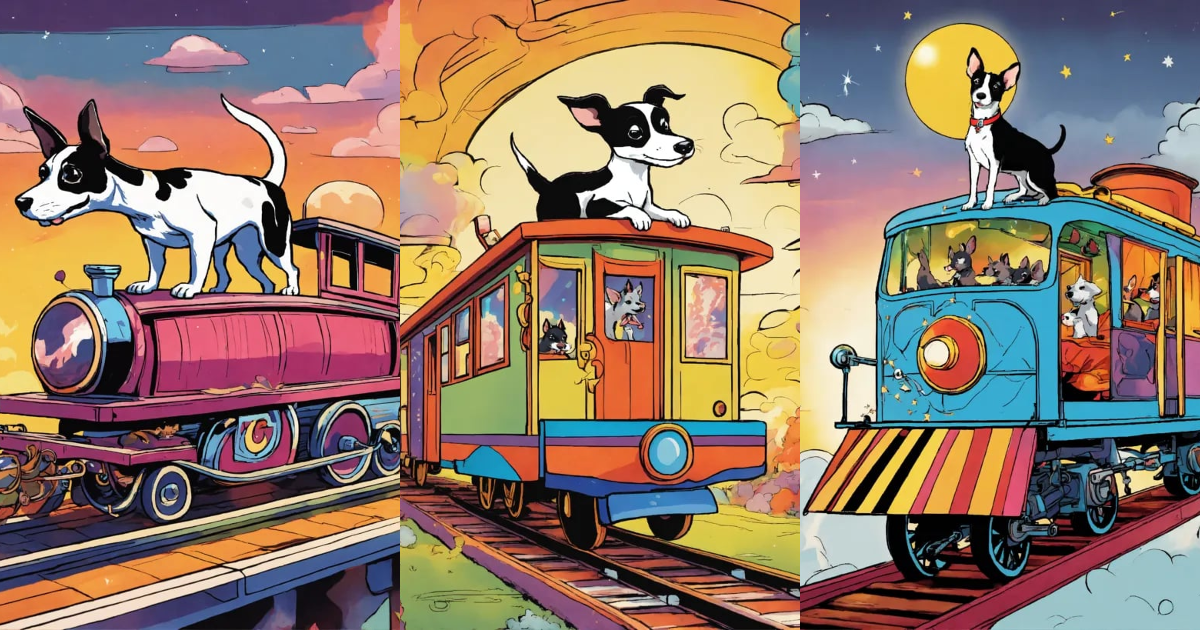 Lexica - A magic train with a black and white rat terrier riding on the ...