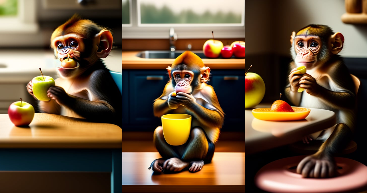 Lexica - Cute little monkey eating applesauce while sitting on a stool ...
