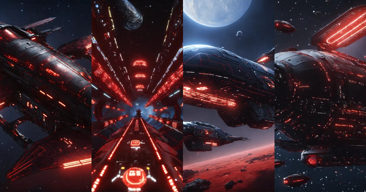 Lexica - Zoom out on fleet of long black insect like organic space ...