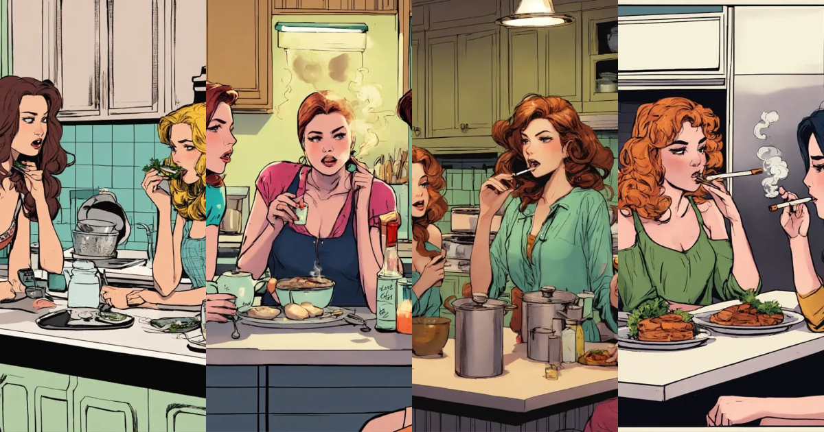 Lexica - Three pretty ladies secretly smoke scared in the kitchen comics