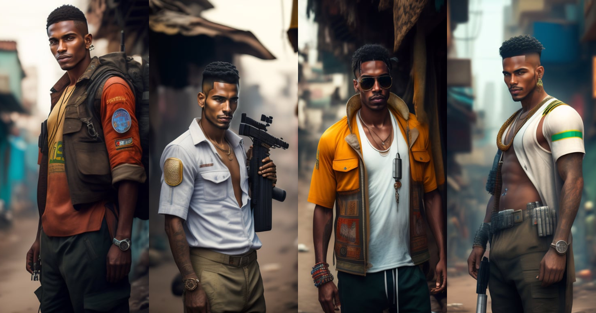 Lexica - Slum cyberpunk brazilian white man, holding a gun, futuristic ...