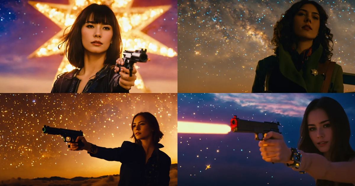 Lexica - Woman holding a pistol in front of a star-filled sky