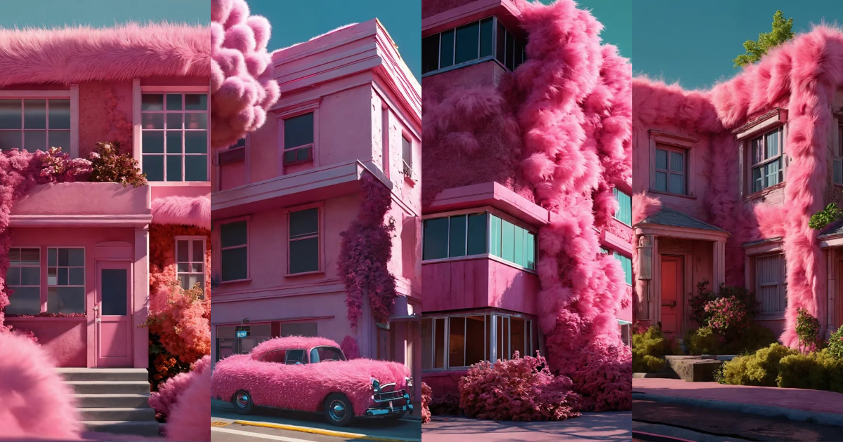 Lexica - A pink building covered with pink fur, in the style of ...