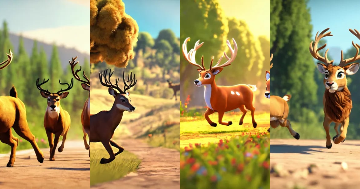 Lexica - 3d animation style cartoon deer running ahead behind it lion ...