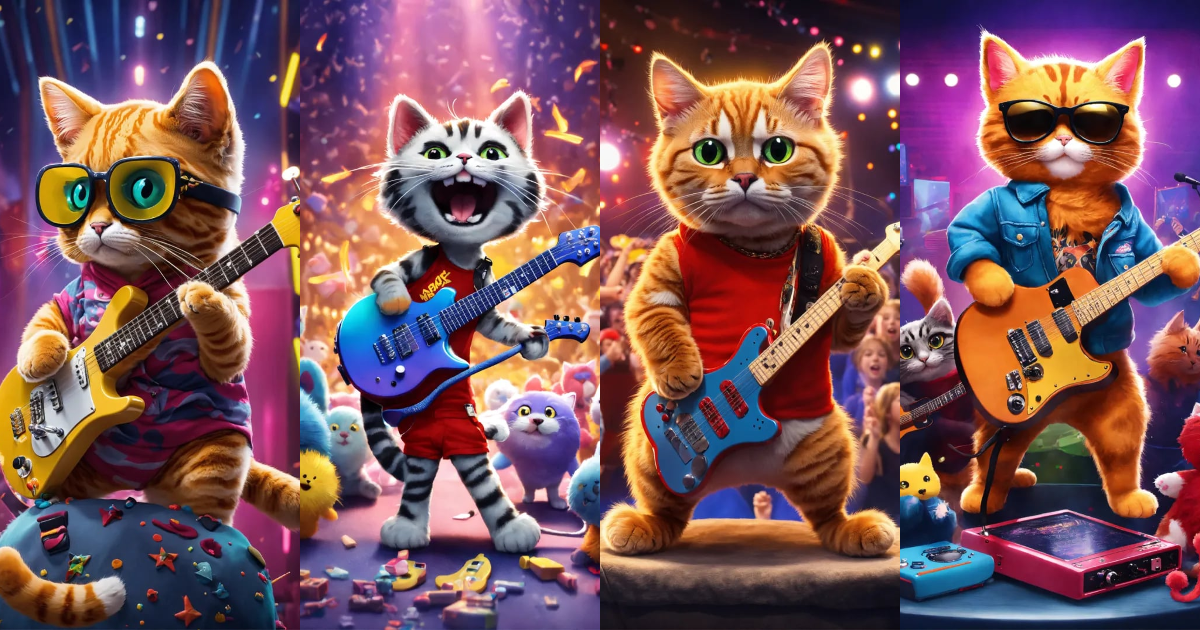 Lexica - Design an image of a cat as a rockstar, jamming on a mini ...