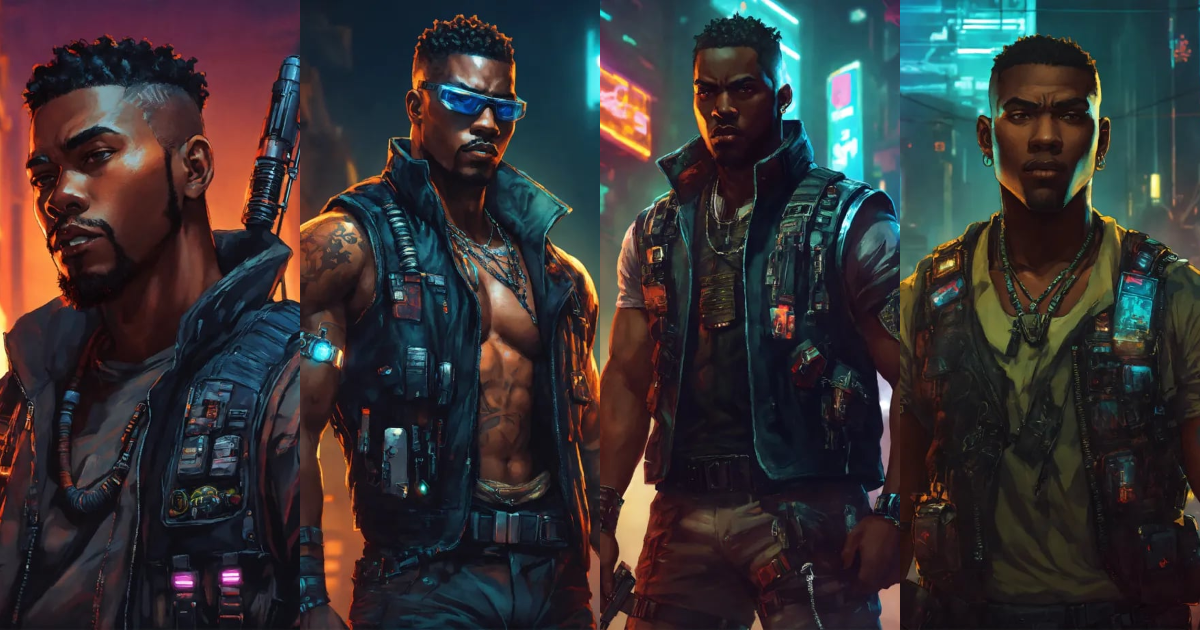 Lexica - African American tough and big cyberpunk wearing a vest with ...