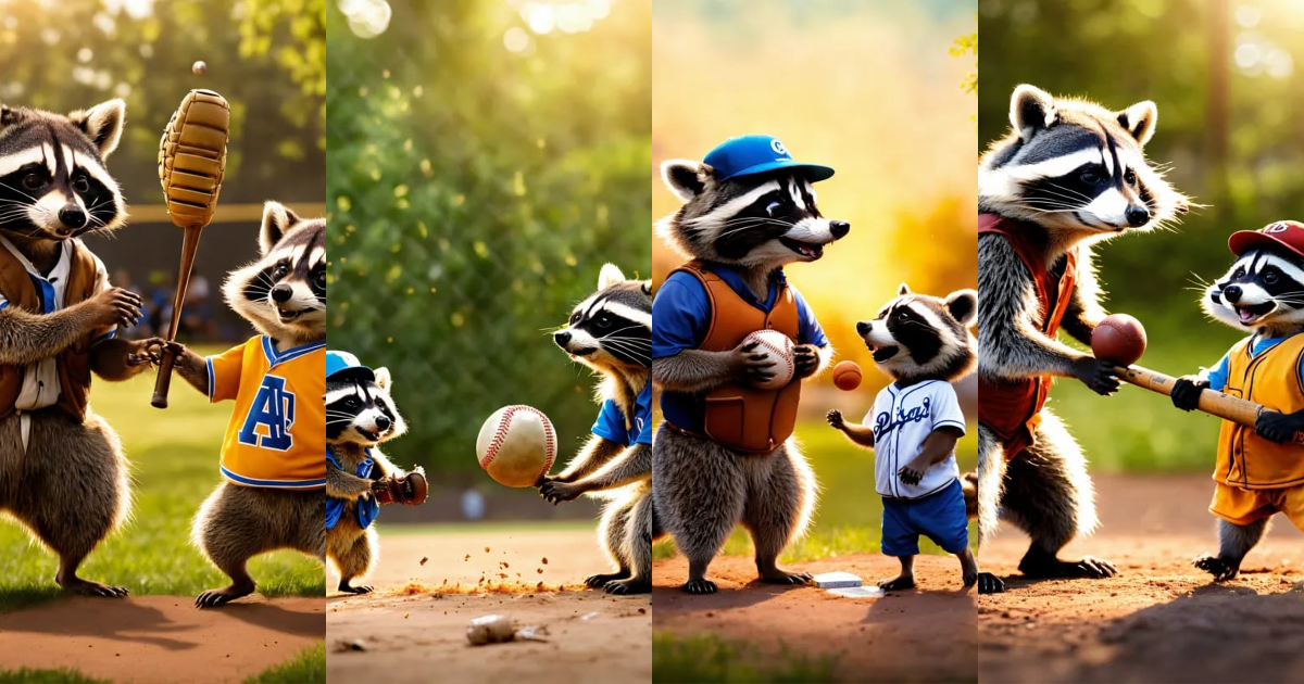 Lexica - A father and son raccoon playing baseball while celebrating ...