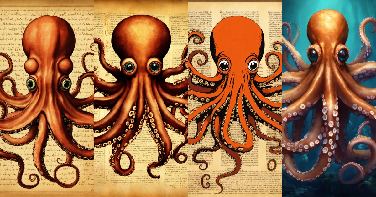 Lexica - Octopus writing with all of its arms or tentacles