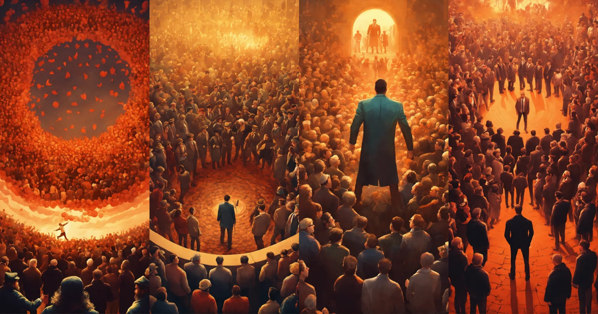 Lexica - A lone person getting surrounded by an angry mob of people in ...