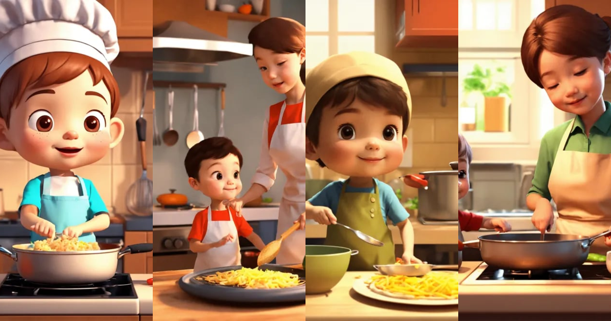 Lexica - Little cute boy is cooking with his mother. 3d cartoon animation.