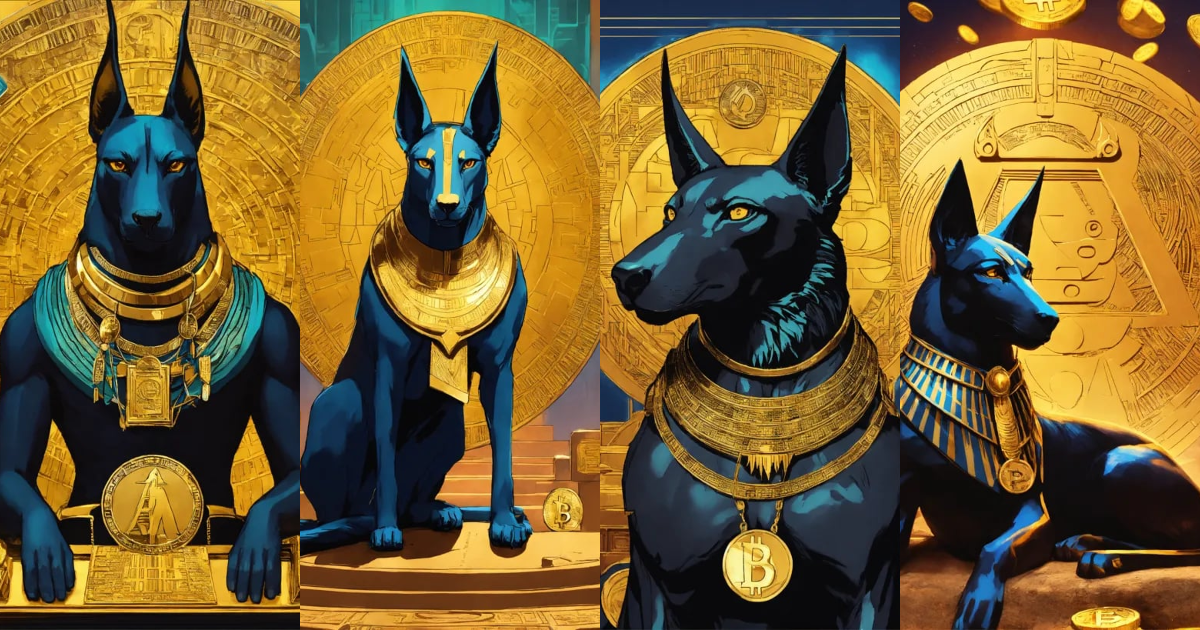 Lexica - Poster of Anubis, surrounded by cryptocurrency