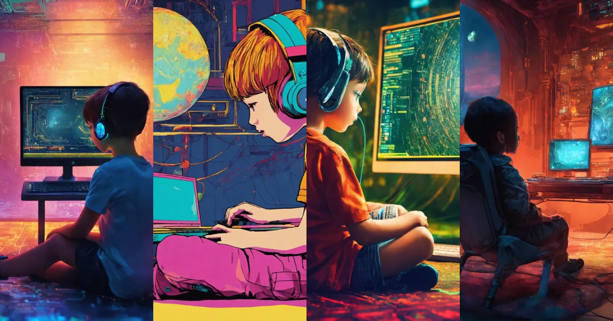 Lexica - A child sitting but their head is replaced by a computer
