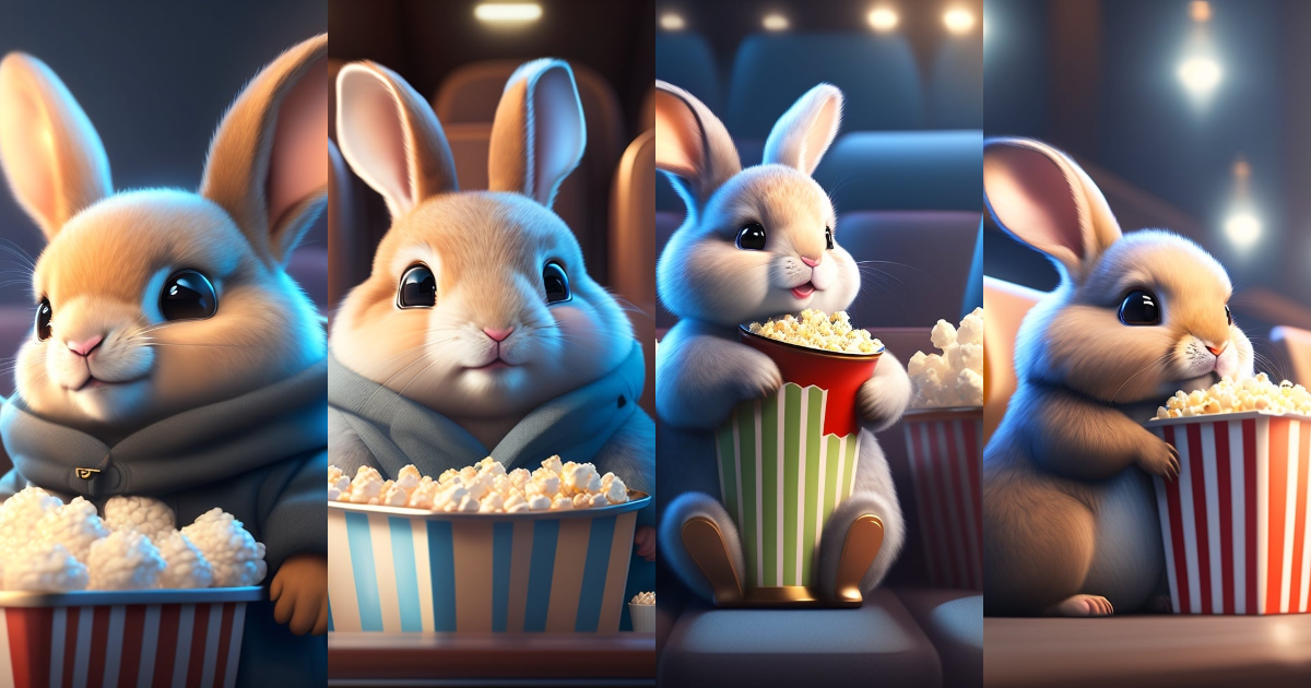 Lexica - Cute small rabbit sitting in a movie theater eating popcorn ...