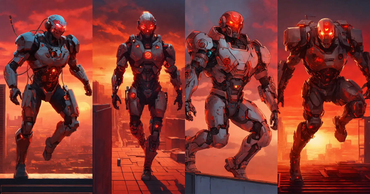 Lexica - An evil cyborg runs forward. the cyborg is on a roof top with ...