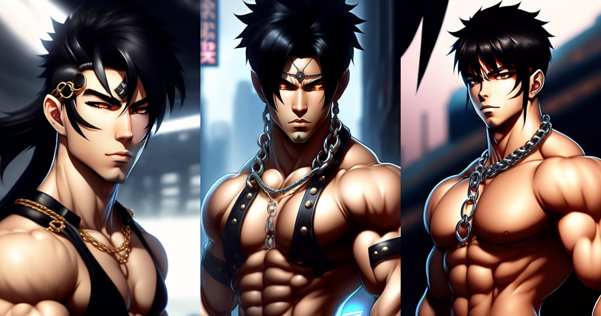 Lexica - Muscle , perfect , proportioned ,, Anime Young Guy, with black  hair, white skin, 8k, anime style, bold, lots of different piercings, a  litt