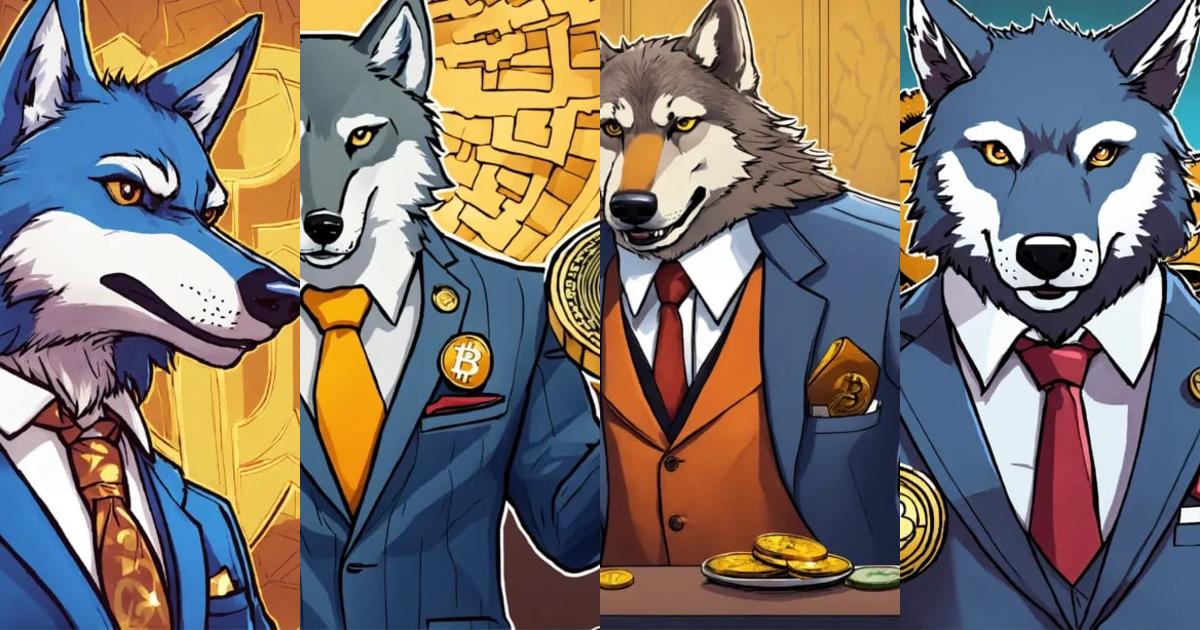 Lexica - A bitcoin wolf in a suit with Indian rupee on hand, cartoon