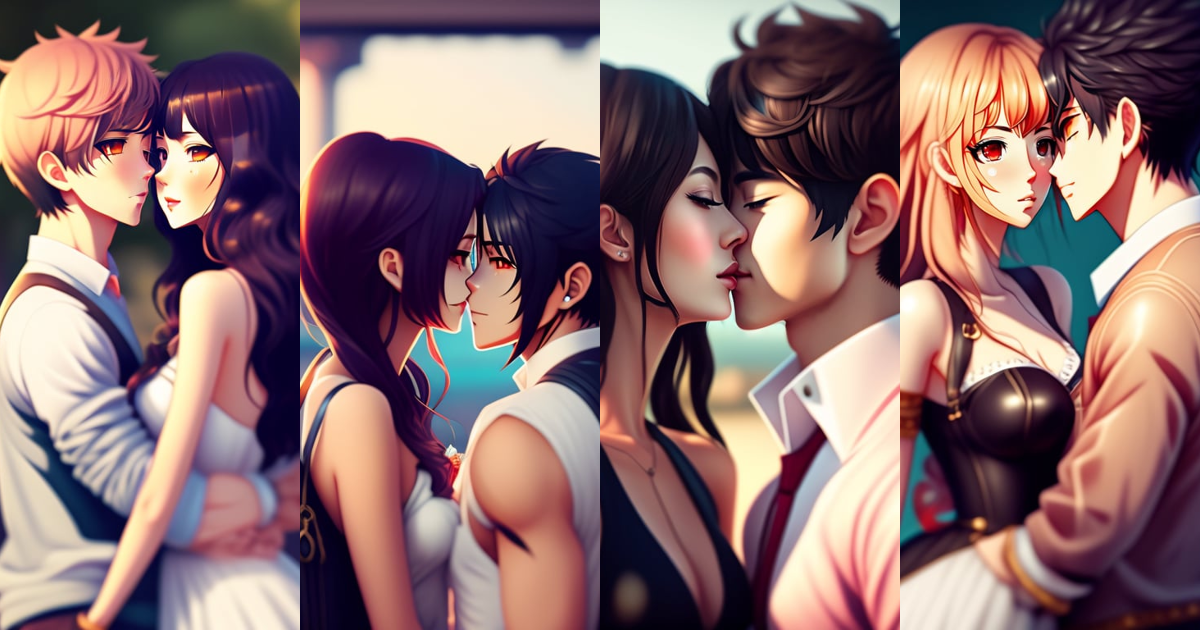 Lexica - Full body anime style couple kiss, date, realistic detailes, 2d  illustration, park, glamour, fashion style, 8k