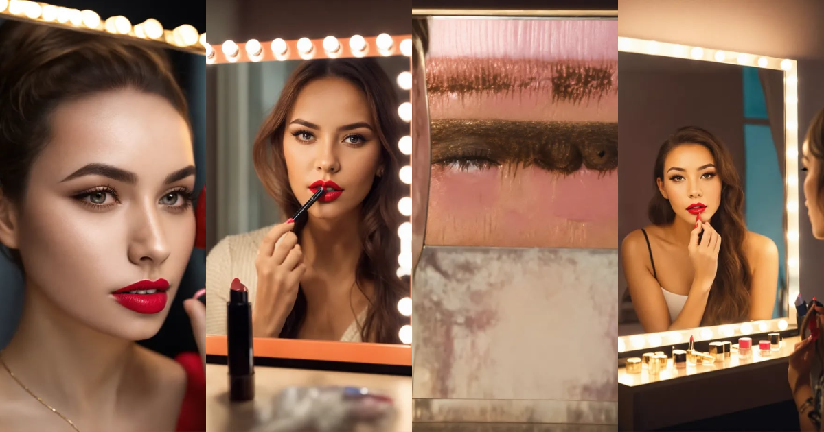 Lexica - Woman looking at the mirror putting lipstick, eyes on camera ...
