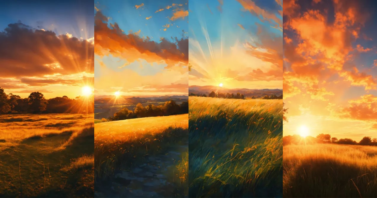 Lexica - View from the ground of a grassy landscape at sunset, light ...