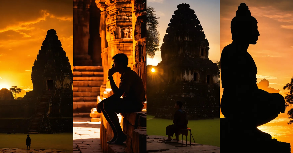 Lexica - Silhouette Of a inca thinking in Ankor Wat Cambodia