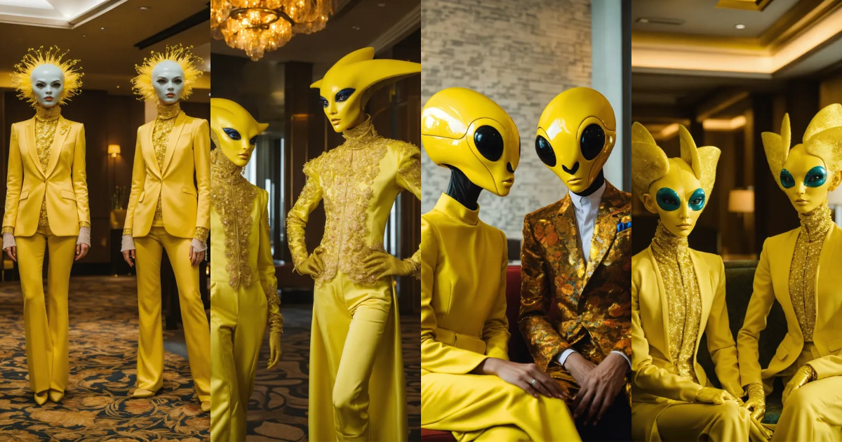 Lexica - Two middle age humanoid aliens with yellow skin, dressed in ...