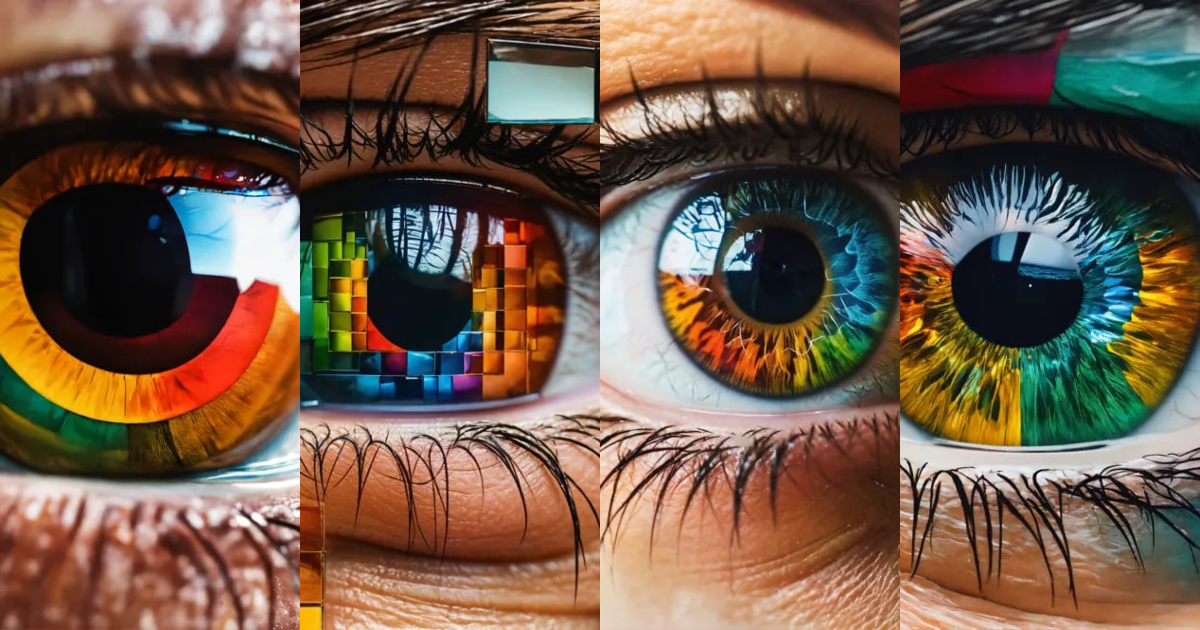 Lexica - Photorealistic close-up of an eye reflection of three colorful ...