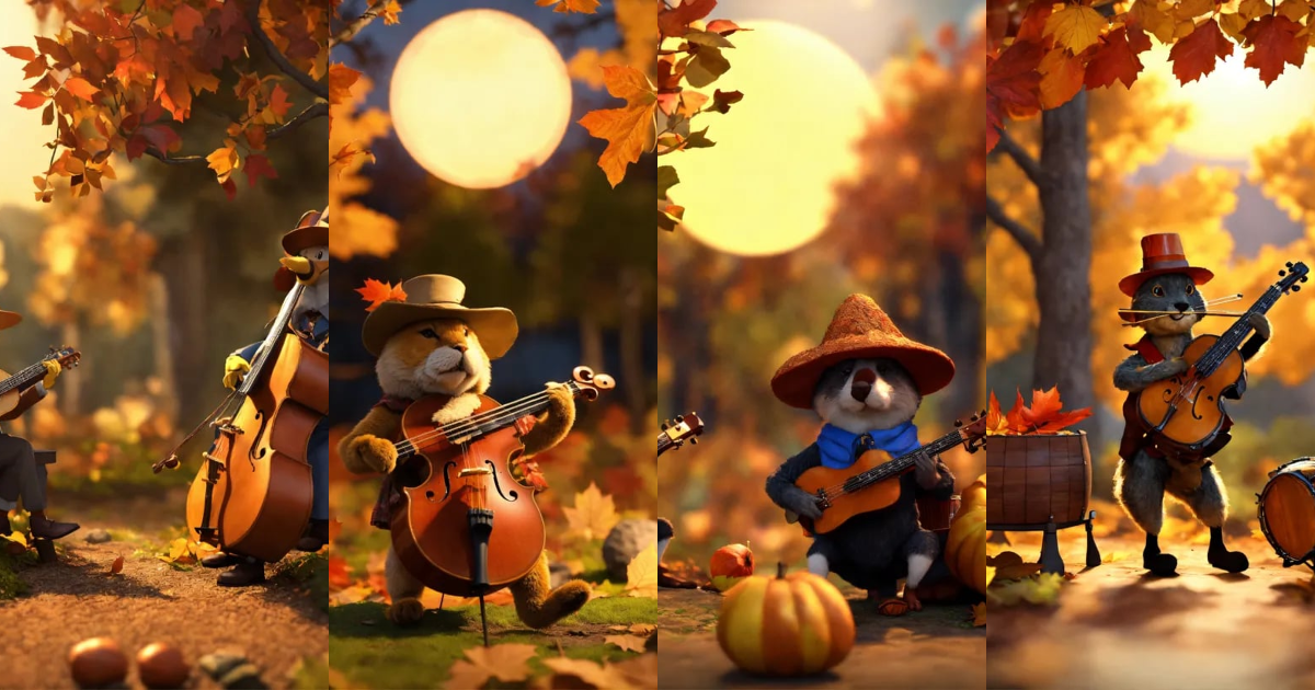 Lexica - A 3D animation of anthropomorphic autumn leaves, each playing ...