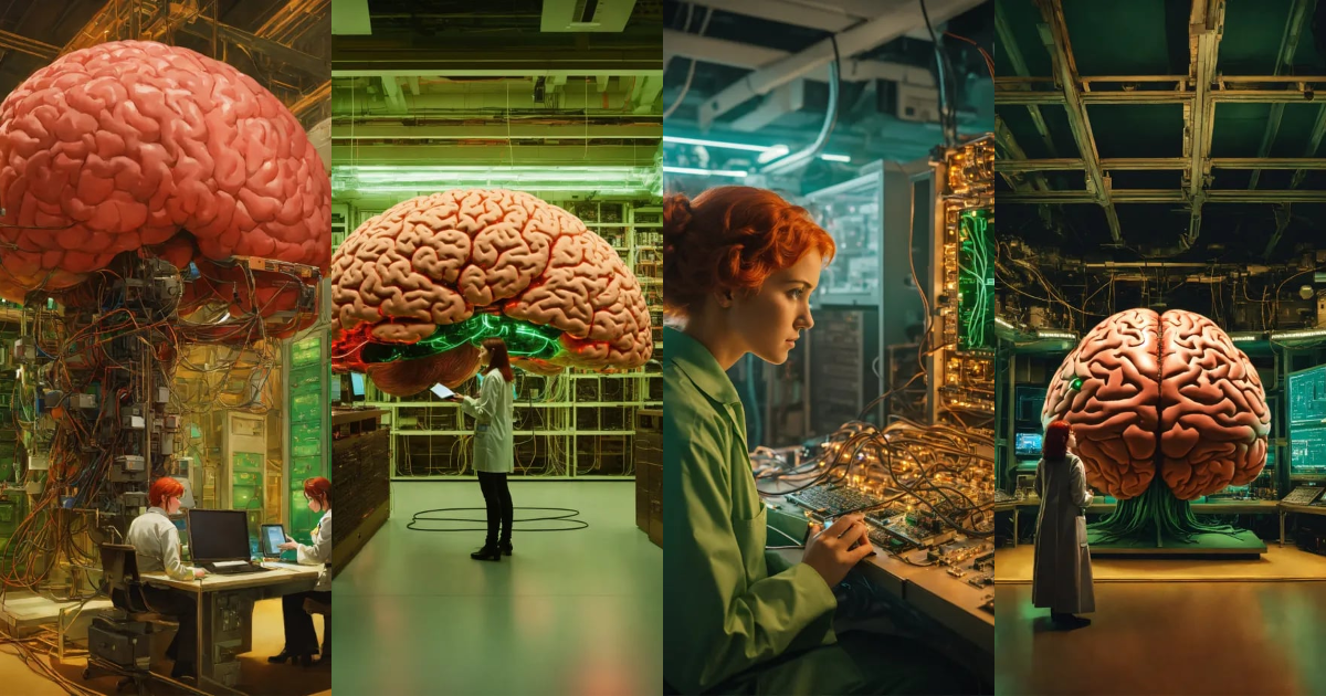 Lexica - In the center of the room, a colossal human brain is ...
