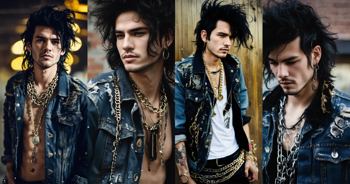 Lexica - Male punk rocker, messy black hair, jean jacket, metal chain