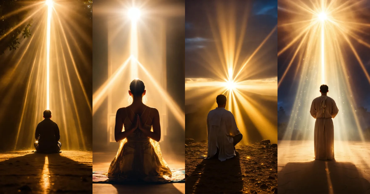 Lexica - A person praying, rays of light shinning from the sky, light beams