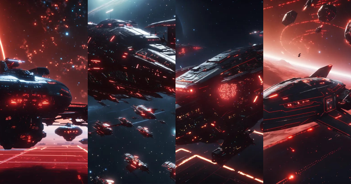Lexica - Zoom out on fleet of long black organic insect like space ...
