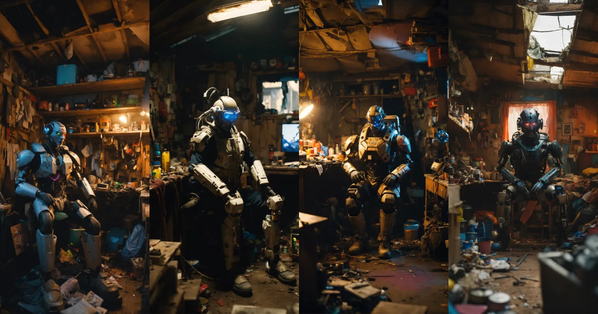 Lexica - Wide angle Environmental shot of evil Cyborg in a cluttered ...