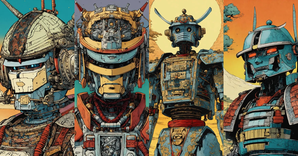 Lexica - Detailed pen and ink illustration of a samurai robot, head ...