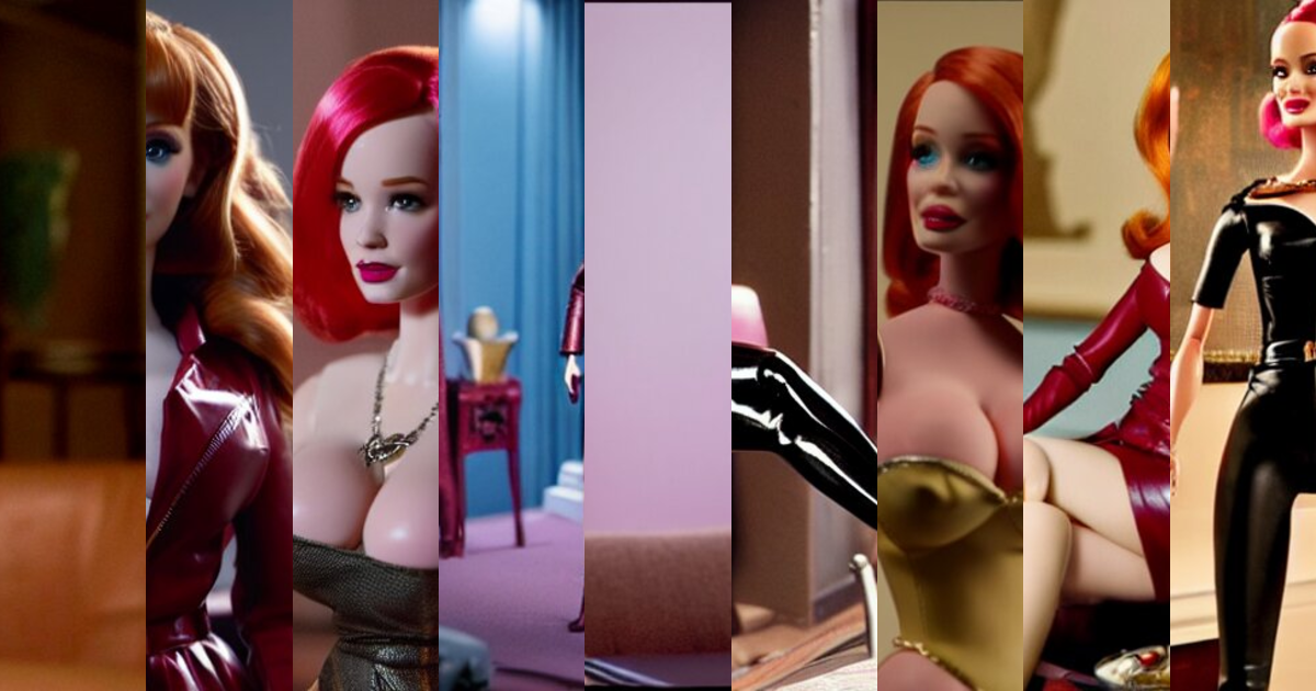 Lexica - amazing beautiful Christina Hendricks barbie doll wearing leather  in the living room, film still from the movie directed by Denis Villeneuv...